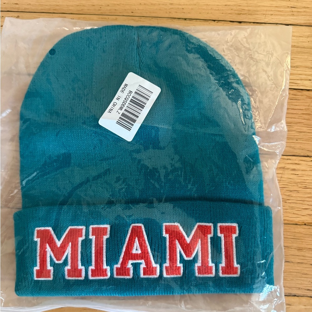 Knit Beanie Hat - Teal with Red MIAMI Lettering